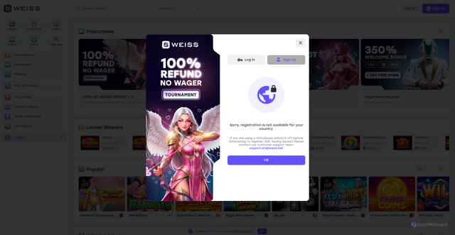 Security scan screenshot of https://weissbet.cloud/reg?pid=10&geo=3017382&utm_source=cazinourionlineromaniaUK&utm_medium=&utm_campaign=&utm_term=&utm_content=&param1=&param2=&param3=&param4=&param5=&param6=&mode=&track_id=318874968
