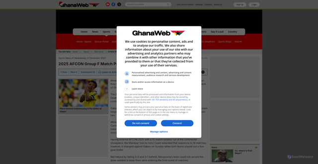Security scan screenshot of https://www.ghanaweb.com/GhanaHomePage/SportsArchive/2025-AFCON-Group-F-Match-Preview-Gabon-vs-Ivory-Coast-2015779