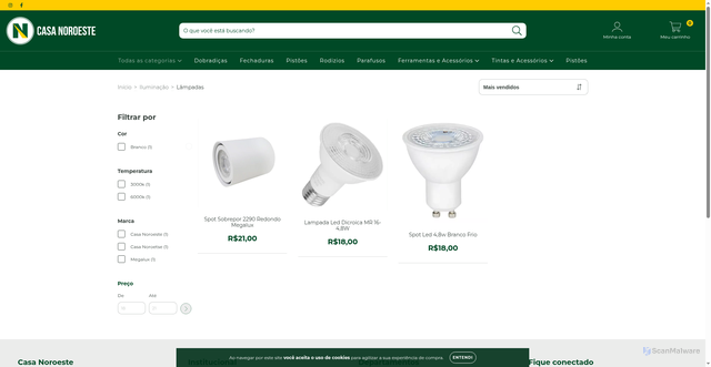 Security scan screenshot of https://casanoroesteonline.com.br/iluminacao/lampadas/