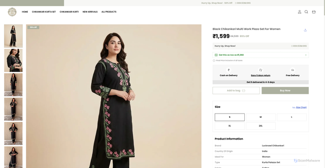 Security scan screenshot of https://pkzlucknawichikan.com/Black-Chikankari-Multi-Work-Plazo-Set-For-Women/catalogue/HsS-O7BL/7x299r6l