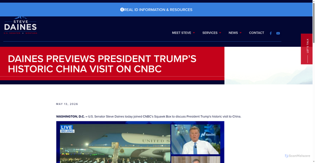 Security scan screenshot of https://www.daines.senate.gov/2026/05/13/daines-previews-president-trumps-historic-china-visit-on-cnbc/