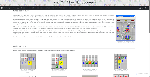 Security scan screenshot of https://minesweepergame.com/strategy/how-to-play-minesweeper.php