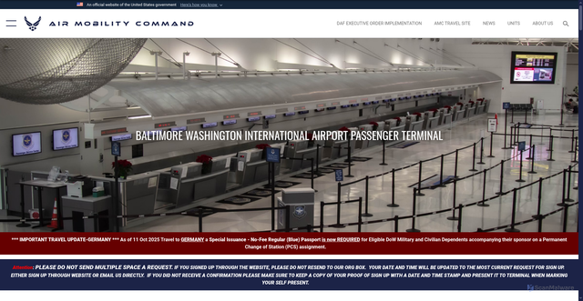 Security scan screenshot of https://www.amc.af.mil/AMC-Travel-Site/Terminals/CONUS-Terminals/Baltimore-Washington-International-Airport-Passenger-Terminal/