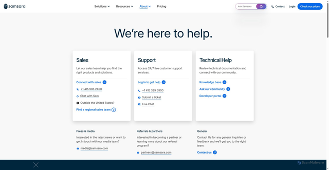 Security scan screenshot of https://www.samsara.com/company/contact