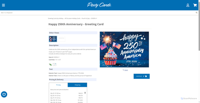 Security scan screenshot of https://www.postycards.com/catalog/product/Happy_250th_Anniversary_D3505U?srsltid=AfmBOoqdeSDfB4NTJUWeR-6JW1cBkYE7d85xKRh0QKY9Ob841G-rPAiU