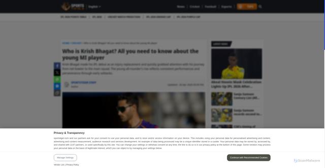 Security scan screenshot of https://www.sportstiger.com/cricket/who-is-krish-bhagat-mi-young-player
