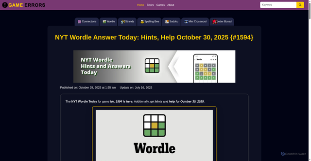 Security scan screenshot of https://www.gameerrors.com/games/nyt-wordle-today-hints-answer-and-help/