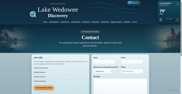 Security scan screenshot of https://lakewedoweediscovery.pages.dev/contact