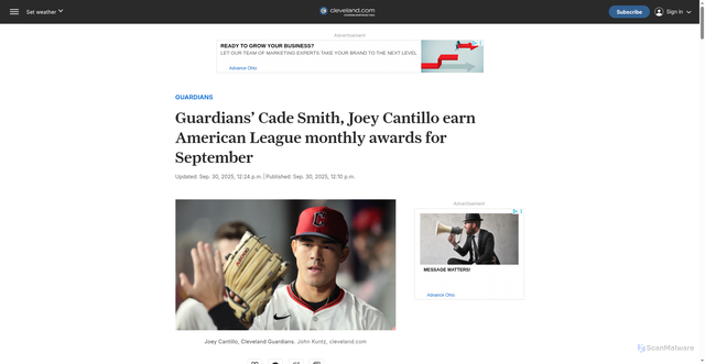Security scan screenshot of https://www.cleveland.com/guardians/2025/09/guardians-cade-smith-joey-cantillo-earn-american-league-monthly-awards-for-september.html