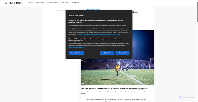 Security scan screenshot of https://www.vvdailypress.com/story/sports/high-school/2025/11/15/cif-ss-football-quarterfinal-playoffs-scores-stats-from-across-the-high-desert/87150220007/