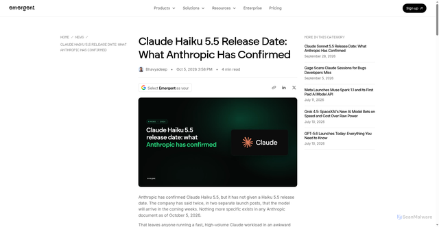 Security scan screenshot of https://emergent.sh/news/claude-haiku-5-5-release-date