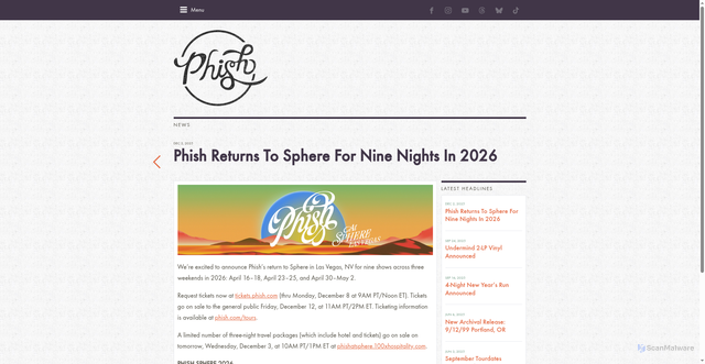 Security scan screenshot of https://phish.com/news/phish-returns-to-sphere-for-nine-nights-in-2026/