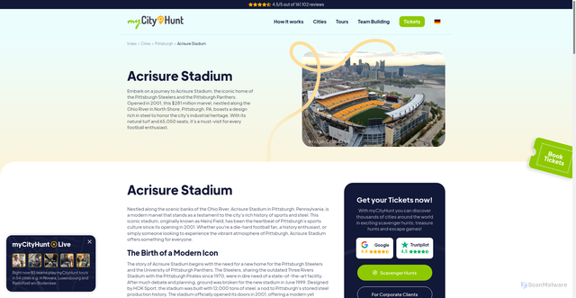 Security scan screenshot of https://www.mycityhunt.com/cities/pittsburgh-us-13475/poi/acrisure-stadium-22746