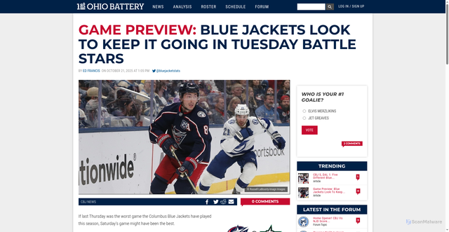 Security scan screenshot of https://www.1stohiobattery.com/columbus-blue-jackets-news/2025/10/9502/game-preview-cbj-dal-102125