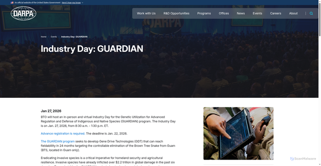 Security scan screenshot of https://www.darpa.mil/events/2026/guardian-industry-day