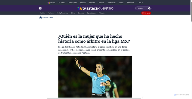 Security scan screenshot of https://www.aztecaqueretaro.com/deportes/notas/quien-es-katia-itzel-la-mujer-que-ha-hecho-historia-como-arbitro-en-la-liga