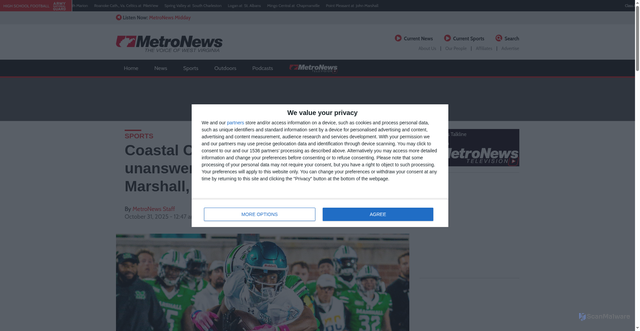 Security scan screenshot of https://wvmetronews.com/2025/10/31/coastal-carolina-closes-with-27-unanswered-points-to-power-past-marshall-44-27/