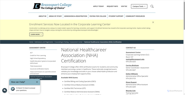 Security scan screenshot of https://www.brazosport.edu/assessmentcenter/national-healthcareer-association-nha-certification/