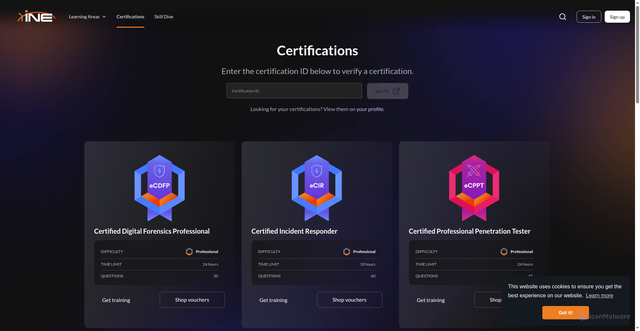 Security scan screenshot of https://my.ine.com/certifications