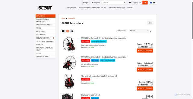 Security scan screenshot of https://eshop.scoutparamotor.com/c/scout-paramotors