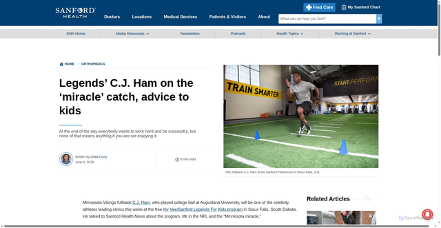 Security scan screenshot of https://news.sanfordhealth.org/orthopedics/legends-c-j-ham-on-the-miracle-catch-advice-to-kids/
