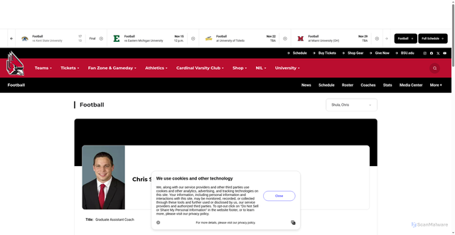 Security scan screenshot of https://ballstatesports.com/sports/football/roster/coaches/chris-shula/631