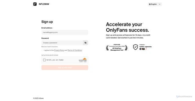 Security scan screenshot of http://signup.infloww.com/