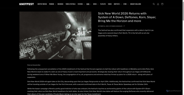 Security scan screenshot of https://knotfest.com/blogs/news/sick-new-world-marks-2026-return-with-system-of-a-down-deftones-and-korn