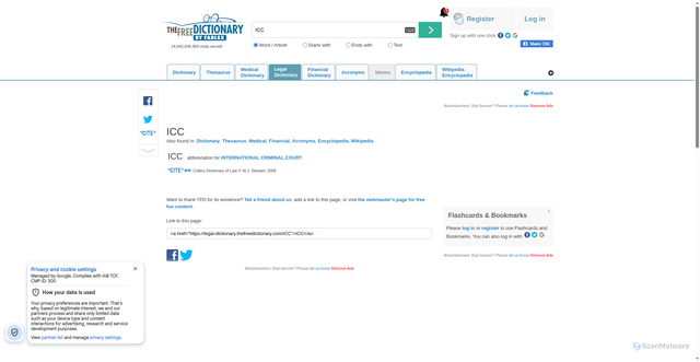 Security scan screenshot of https://legal-dictionary.thefreedictionary.com/ICC