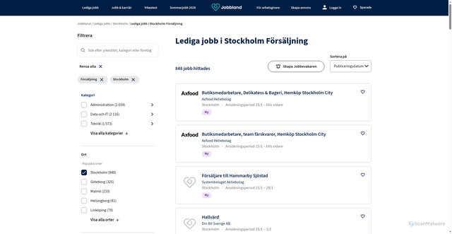 Security scan screenshot of https://jobbland.se/lediga-jobb/stockholm/kategori/forsaljning?order_by=date_posted&utm_source=jobbevakaren&utm_medium=email&utm_content=sv&identifier=1436885062c5755f1fec8ac9a5d96cd8a761b5ca33eacfff6aca2048d3bdcc76&source=jobwatch
