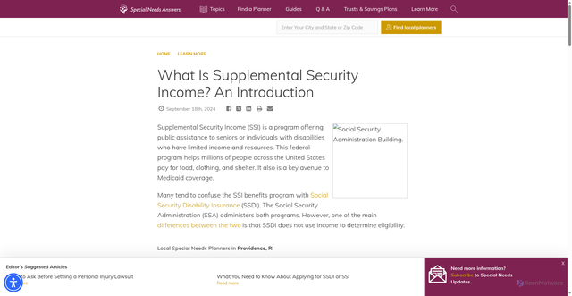 Security scan screenshot of https://specialneedsanswers.com/ssi-basics-13654