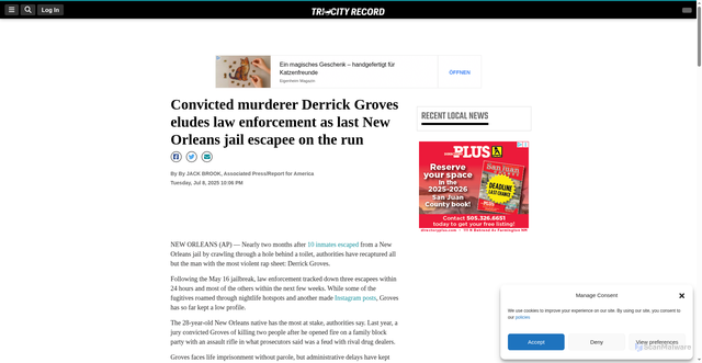 Security scan screenshot of https://www.tricityrecordnm.com/articles/convicted-murderer-derrick-groves-eludes-law-enforcement-as-last-new-orleans-jail-escapee-on-the-run/