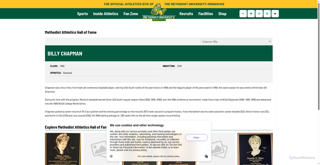 Security scan screenshot of https://mumonarchs.com/honors/methodist-athletics-hall-of-fame/billy-chapman/110