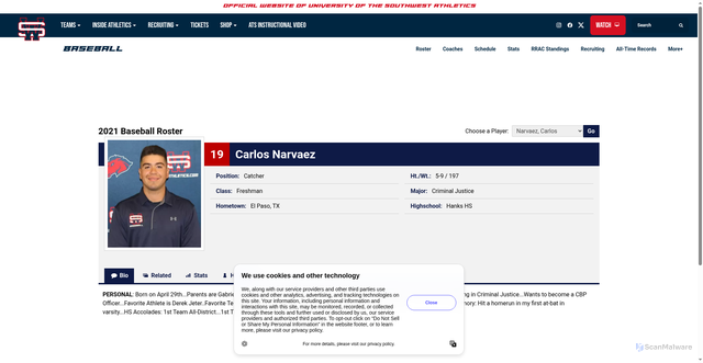 Security scan screenshot of https://uswathletics.com/sports/baseball/roster/carlos-narvaez/2758
