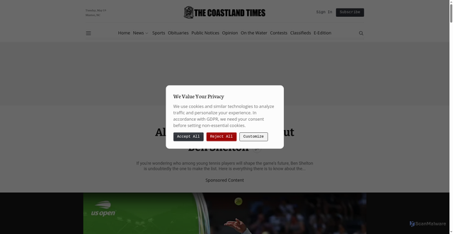 Security scan screenshot of https://www.thecoastlandtimes.com/sponsored-content/all-you-need-to-know-about-ben-shelton-80144