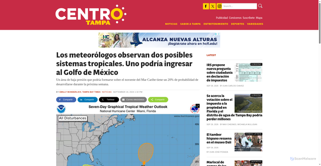 Security scan screenshot of https://www.centrotampabay.com/noticias/los-meteor%C3%B3logos-observan-dos-posibles-sistemas-tropicales-u/