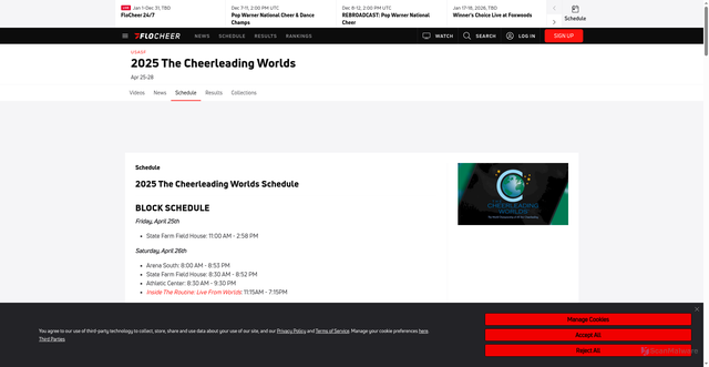 Security scan screenshot of https://www.flocheer.com/events/12894766-2025-the-cheerleading-worlds/schedule