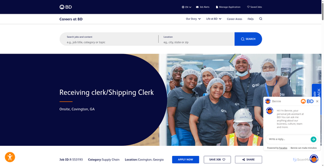 Security scan screenshot of https://jobs.bd.com/en/job/covington/receiving-clerk-shipping-clerk/159/99566550464