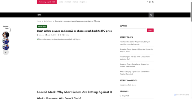 Security scan screenshot of https://news.vebnox.com/netherlands/short-sellers-pounce-on-spacex-as-shares-crash-back-to-ipo-price/