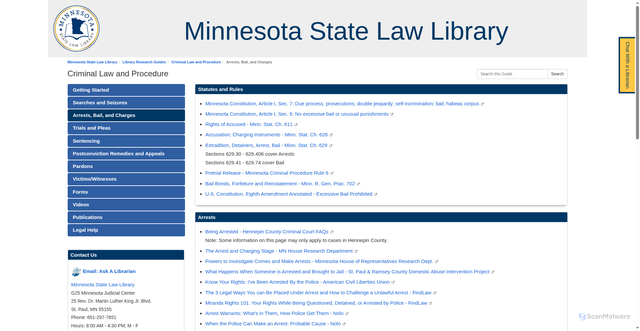 Security scan screenshot of https://mncourts.libguides.com/criminal-law/arrest