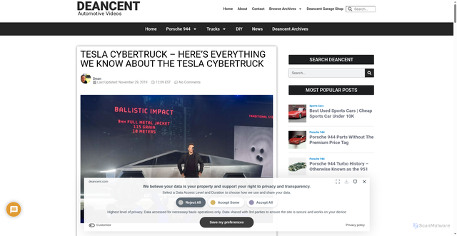 Security scan screenshot of https://www.deancent.com/tesla-cybertruck-everything-we-know/