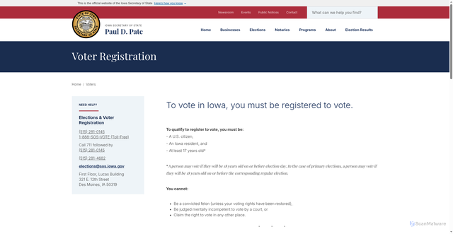 Security scan screenshot of http://sos.iowa.gov/voters/voter-registration