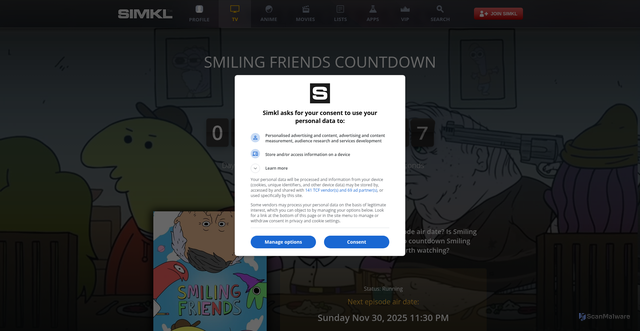 Security scan screenshot of https://simkl.com/tv/1310222/smiling-friends/countdown/