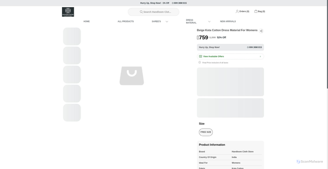 Security scan screenshot of https://handloomclothstore.com/Beige-Kota-Cotton-Dress-Material-For-Womens/catalogue/p4lt9EOp/Dv3o6aZg