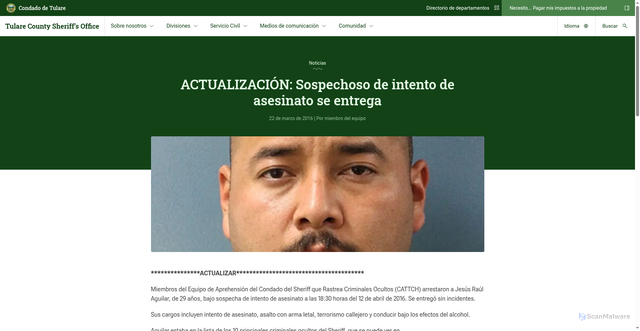 Security scan screenshot of https://tularecounty.ca.gov/es/sheriff/medios/comunicados-de-prensa/actualizaci%C3%B3n-sospechoso-de-intento-de-asesinato-se-entrega