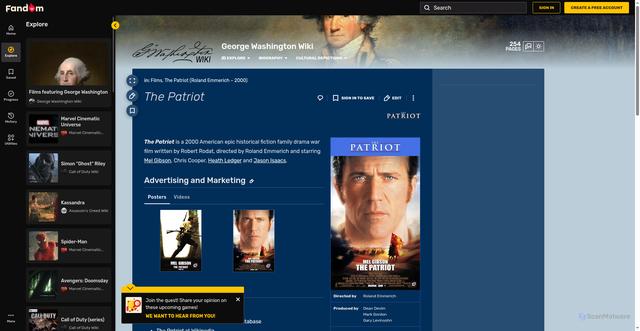 Security scan screenshot of https://george-washington.fandom.com/wiki/The_Patriot_(Roland_Emmerich_%E2%80%93_2000)