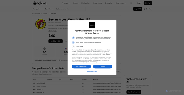 Security scan screenshot of https://agenty.com/marketplace/stores/buc-ee-s-locations-in-the-usa