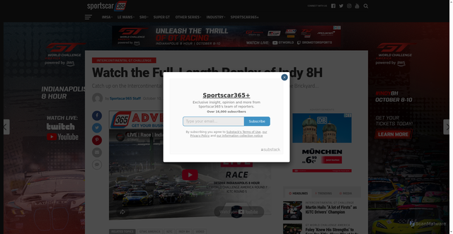 Security scan screenshot of https://sportscar365.com/videos/live-video-desder-indianapolis-8-hour/