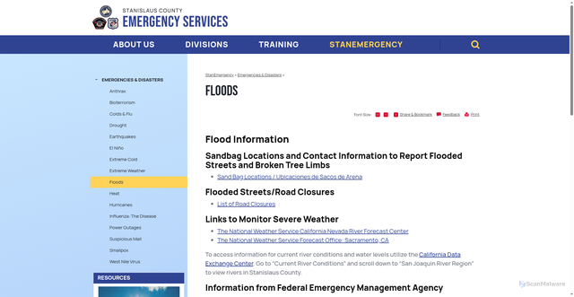 Security scan screenshot of https://oes.stancounty.gov/stanemergency/emergencies-disasters/floods