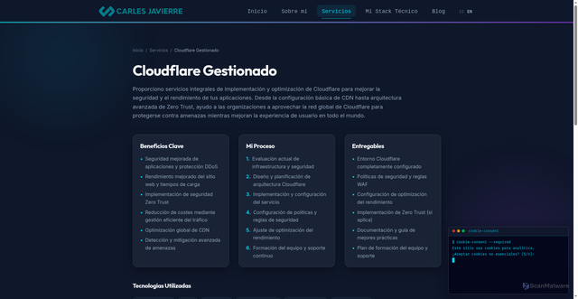 Security scan screenshot of https://carlesjavierre-website.pages.dev/es/servicios/optimizacion-cloudflare/